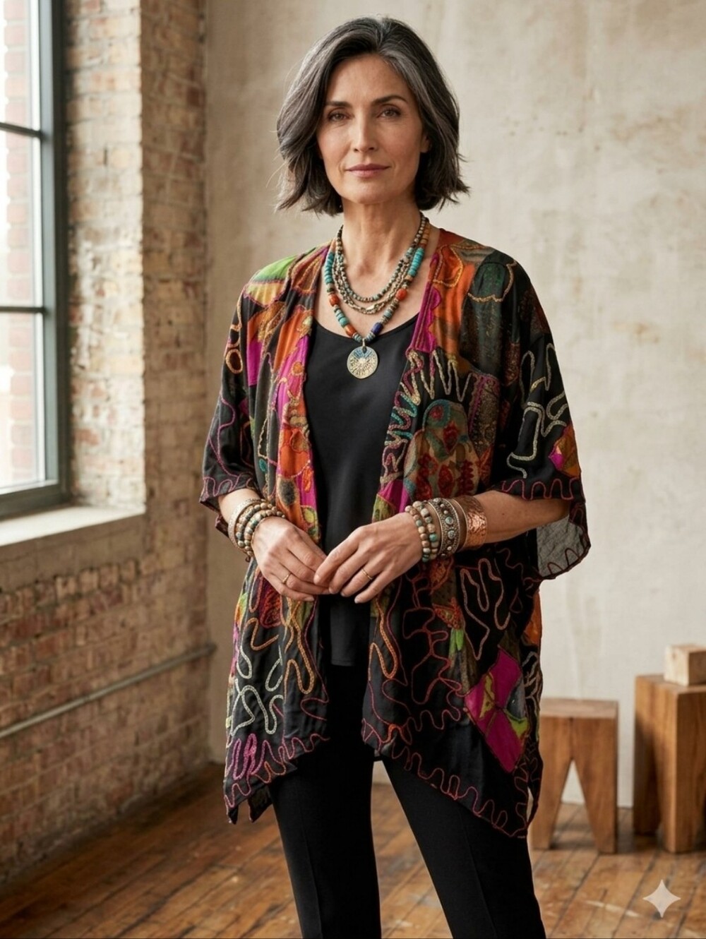 Chico's Black Multicolor Mixed Media Art To Wear Kimono Poncho Blouse